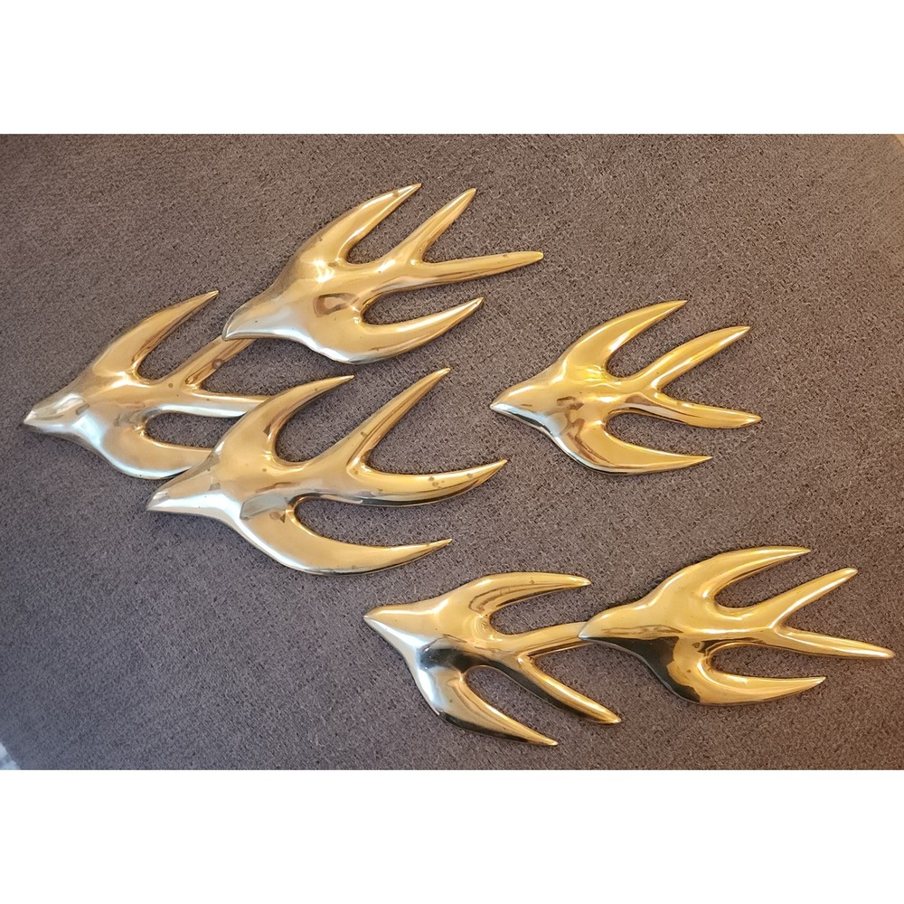 Vintage Brass Swallow Wall Decor Set 5 Mid Century Modern Flying Birds Gold